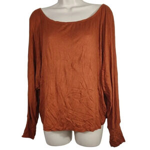 Polly & Esther Brown Ribbed Knit Top Women Size L Dolman Long Sleeve Scoop Neck